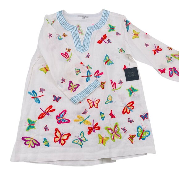 John Mark Colorful Butterfly Embroidered Tunic Top Size M By John Mark Linen - Picture 1 of 8